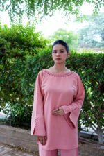 Blush Pink Two-Piece Silk Set | Elegant Wide-Leg Trouser & Flared Sleeve Top - Image 4