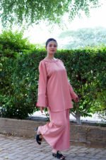 Blush Pink Two-Piece Silk Set | Elegant Wide-Leg Trouser & Flared Sleeve Top - Image 7