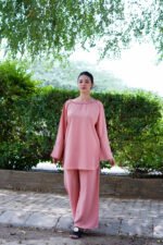 Blush Pink Two-Piece Silk Set | Elegant Wide-Leg Trouser & Flared Sleeve Top - Image 2