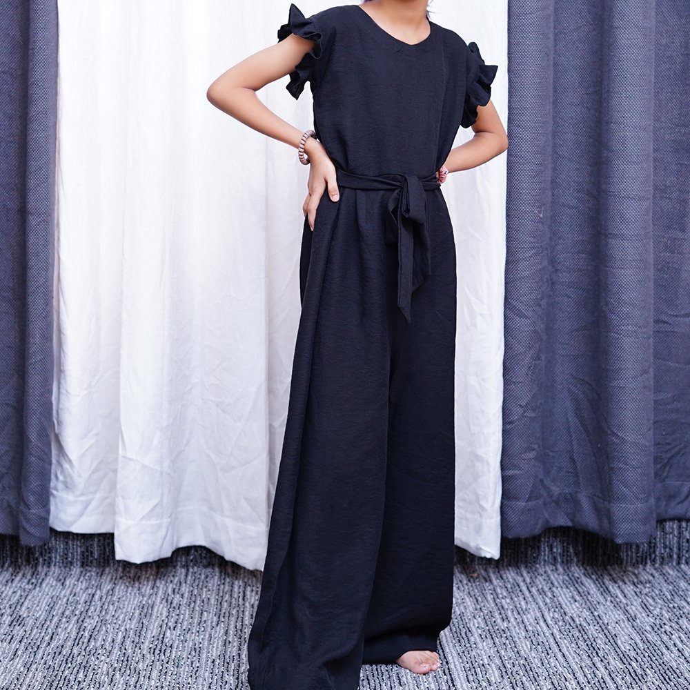 insiya images file 10 iii Elegant Black Ruffle Sleeve Jumpsuit for Women | Wide-Leg Belted Evening Wear - Image 1